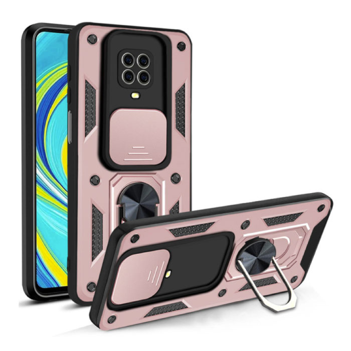 CYYWN Xiaomi Redmi Note 10 (4G) - Armor Case with Kickstand and Camera Slide - Magnetic Pop Grip Cover Case Pink