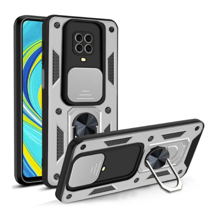 Xiaomi Redmi Note 8 - Armor Case con Kickstand y Camera Slide - Magnetic Pop Grip Cover Case Silver