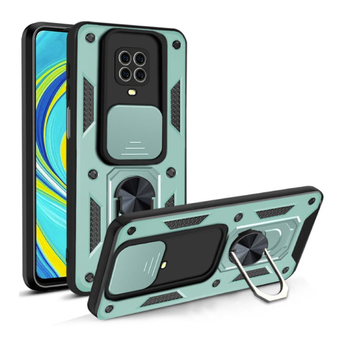 Xiaomi Redmi Note 8 Pro - Armor Hoesje met Kickstand en Camera Slide - Magnetische Pop Grip Cover Case Groen