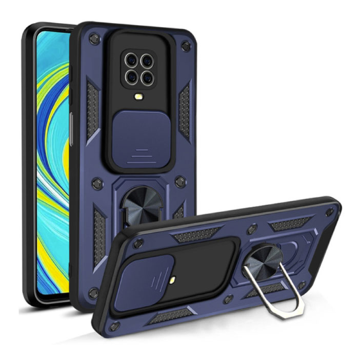 Xiaomi Redmi Note 9 Pro - Custodia Armor con Cavalletto e Scivolo per Fotocamera - Custodia Cover con Impugnatura Pop Magnetica Blu