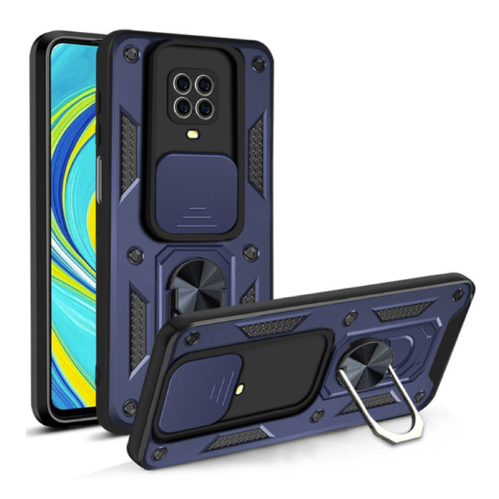 Xiaomi Redmi Note 9 Pro - Étui Armor avec béquille et glissière pour appareil photo - Étui magnétique Pop Grip Cover Bleu