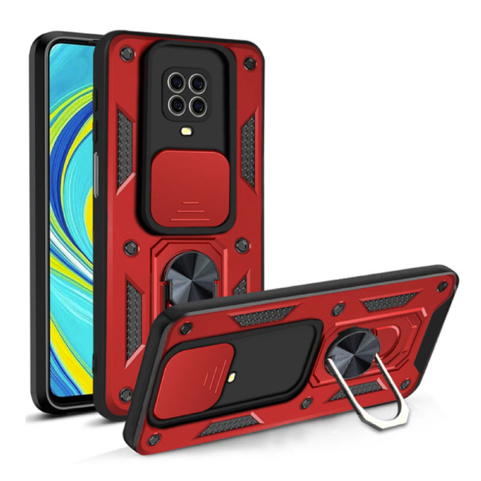 Xiaomi Redmi Note 10 Pro - Armor Hoesje met Kickstand en Camera Slide - Magnetische Pop Grip Cover Case Rood