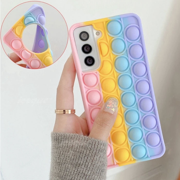 Samsung Galaxy A02 Pop It Case - Silicone Bubble Toy Case Anti Stress Cover Rainbow
