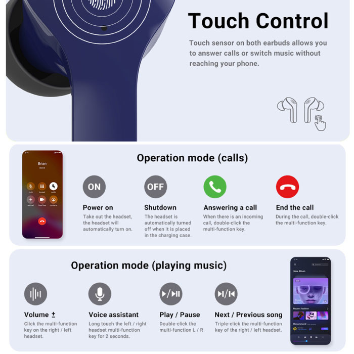 Acefast Écouteurs sans fil T6 - Écouteurs à commande tactile TWS Bluetooth 5.0 Vert