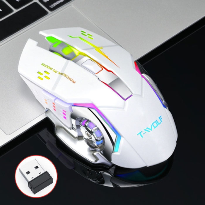 Ratón inalámbrico para juegos Q-13 - Ratón ergonómico óptico RGB de 2,4 GHz con ajuste de DPI de hasta 2400 DPI - Blanco