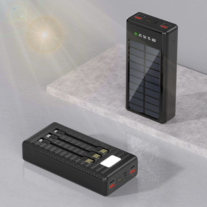 100 000 mAh Solar Power Bank z 4 portami i 3 rodzajami kabli ładujących - Wbudowana latarka - Zewnętrzna ładowarka awaryjna Ładowarka Sun Black