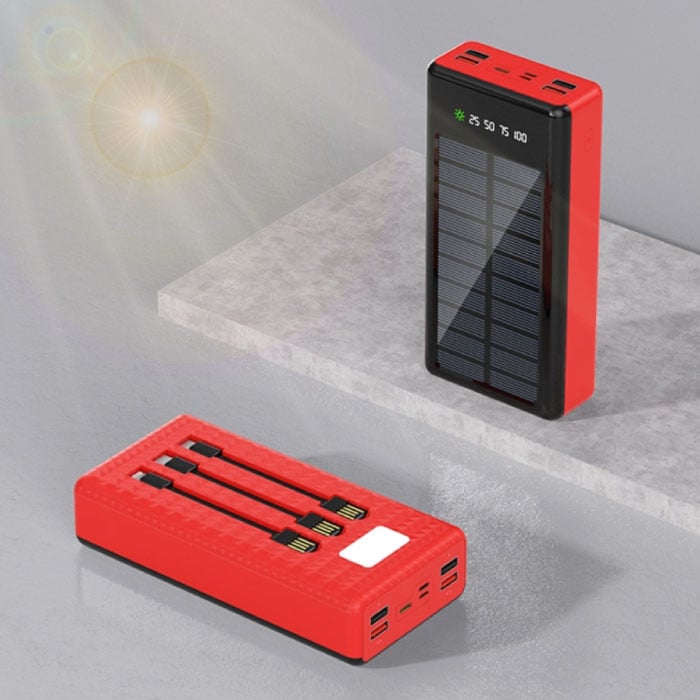 100.000mAh Solar Powerbank met 4 Poorten en 3 Types Oplaadkabel - Ingebouwde Zaklamp - Externe Noodaccu Batterij Oplader Charger Zon Rood