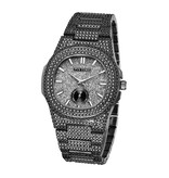 PINTIME Luksusowy zegarek z pełnym diamentem dla mężczyzn - mechanizm kwarcowy ze stali nierdzewnej ze schowkiem w kolorze czarnym