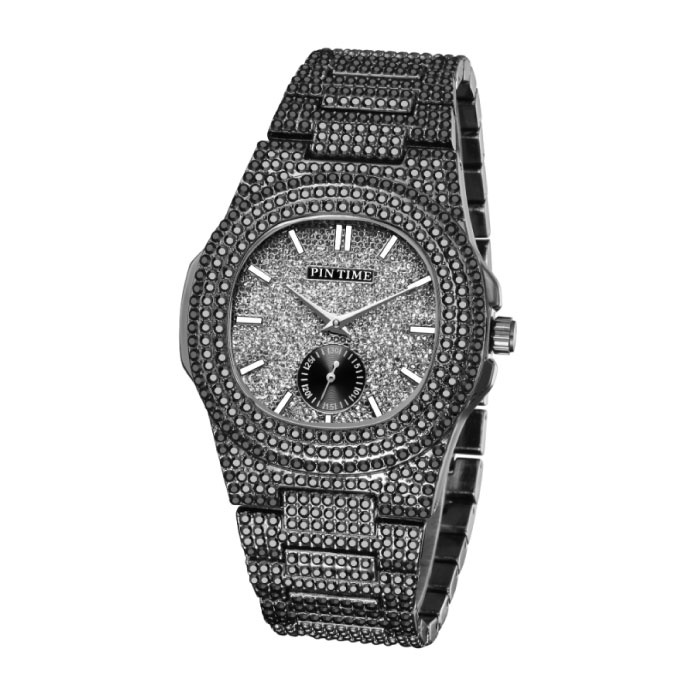 Reloj de lujo Full Diamond para hombre - Movimiento de cuarzo de acero inoxidable con caja de almacenamiento Negro