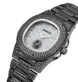 PINTIME Reloj de lujo con diamantes completos para hombre - Movimiento de cuarzo de acero inoxidable con caja de almacenamiento plateada