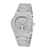 PINTIME Full Diamond Luxe Horloge voor Heren - Roestvrij Staal Kwarts Uurwerk met Opbergdoosje Zilver