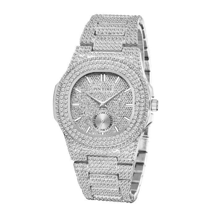 Full Diamond Luxury Watch for Men - Stainless Steel Quartz Movement with Storage Box Silver