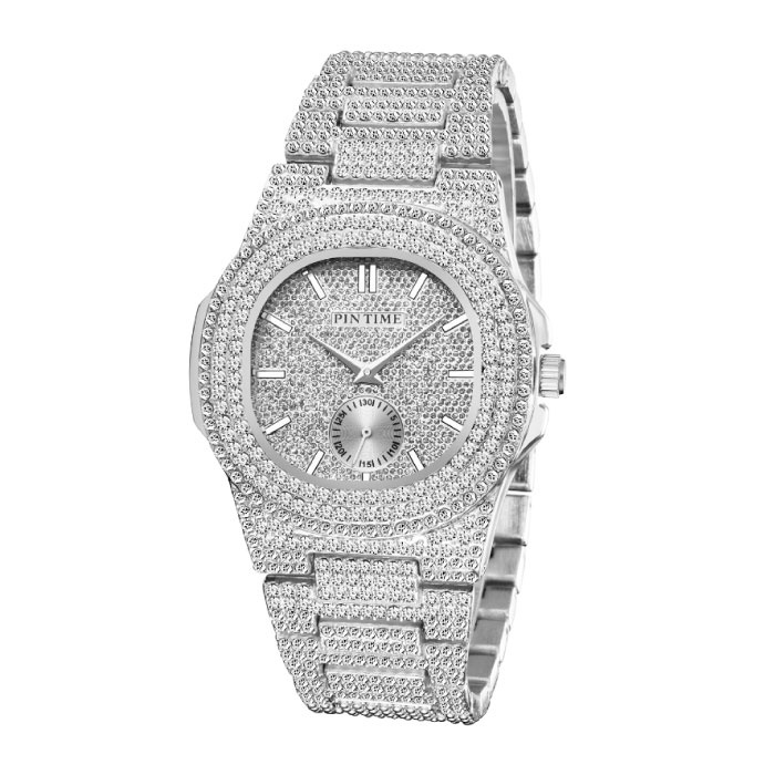 Montre de Luxe Full Diamond pour Homme - Mouvement à Quartz en Acier Inoxydable avec Boîte de Rangement Argent