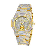 PINTIME Reloj de lujo con diamantes completos para hombre - Movimiento de cuarzo de acero inoxidable con caja de almacenamiento dorada