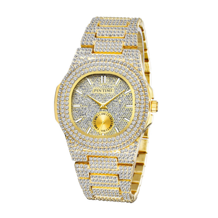 Reloj de lujo con diamantes completos para hombre - Movimiento de cuarzo de acero inoxidable con caja de almacenamiento dorada
