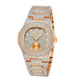 PINTIME Luksusowy zegarek z pełnym diamentem dla mężczyzn - mechanizm kwarcowy ze stali nierdzewnej ze schowkiem w kolorze różowego złota