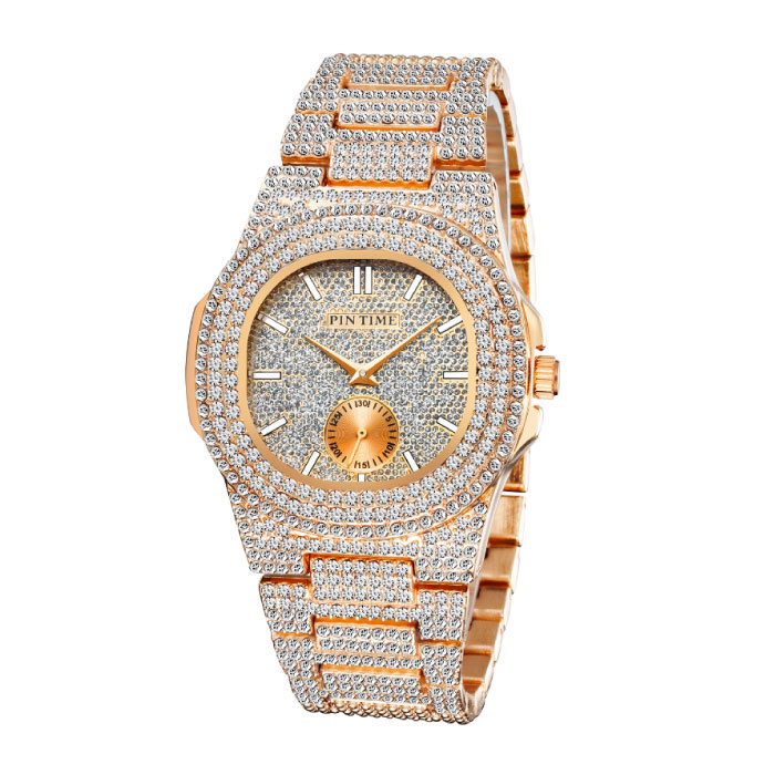 Reloj de lujo con diamantes completos para hombre - Movimiento de cuarzo de acero inoxidable con caja de almacenamiento de oro rosa