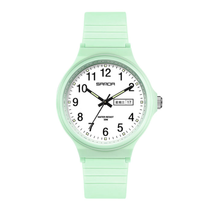 Minimalistyczny zegarek damski - wodoodporny, świecący w ciemności, zielony ruch