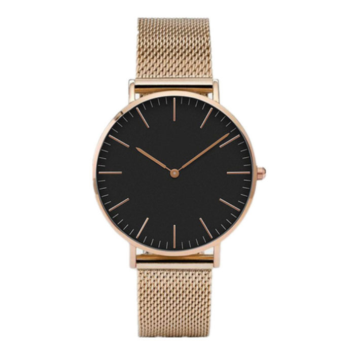 Reloj minimalista para mujer - Movimiento de cuarzo de moda Correa de malla Oro rosa Negro