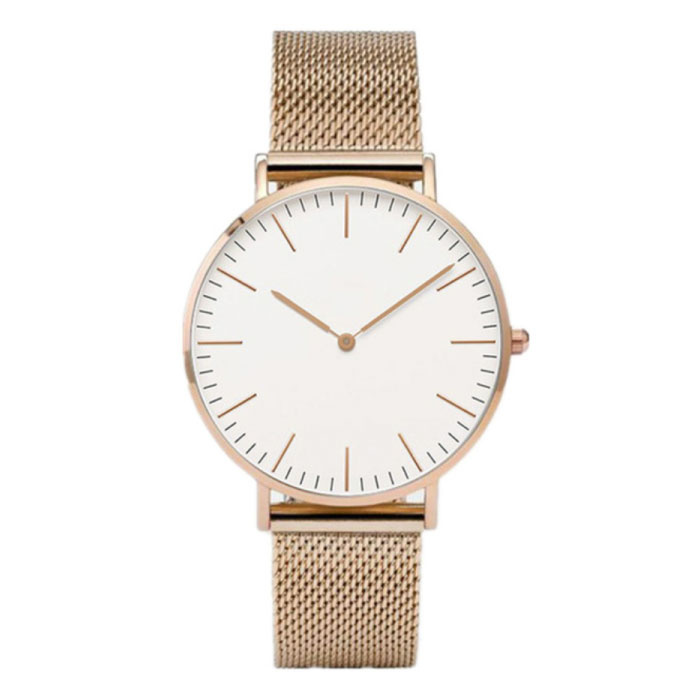 Reloj minimalista para mujer - Movimiento de cuarzo de moda Correa de malla Oro rosa Blanco