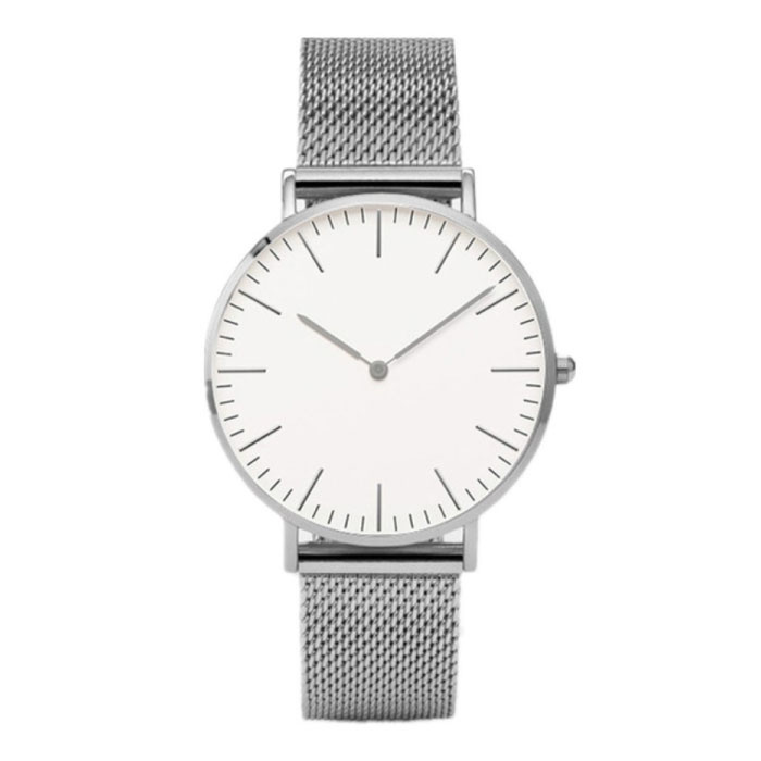 Minimalist Watch for Women - Fashionable Quartz Movement Mesh Strap Silver White