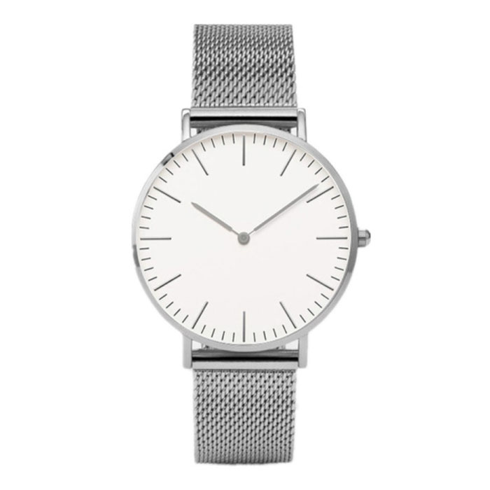 Minimalistyczny zegarek dla kobiet - modny siatkowy pasek z mechanizmem kwarcowym srebrno-biały