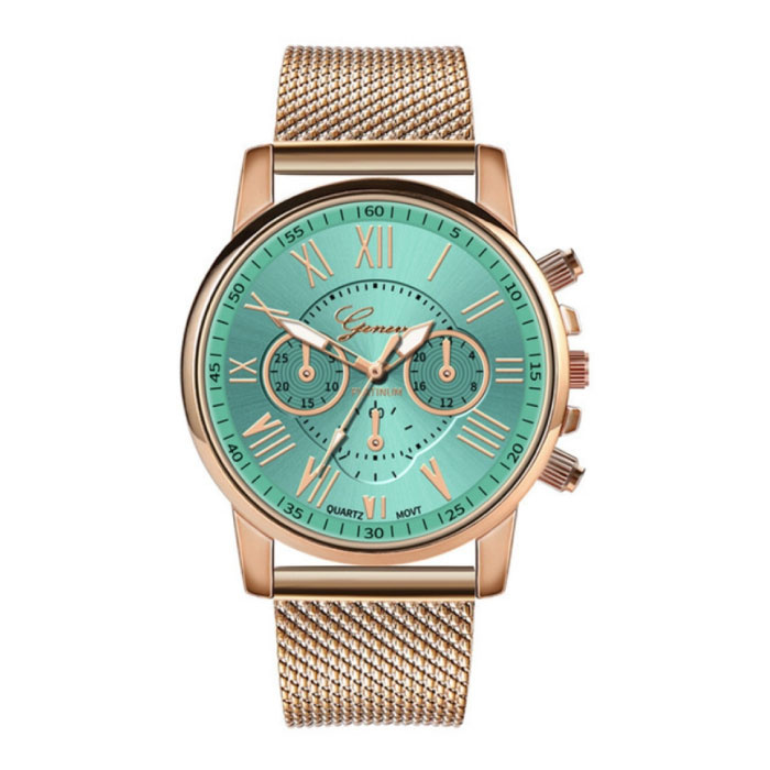 Geneva Luksusowy Zegarek dla Kobiet - Modny Mechanizm Kwarcowy Siateczkowy Pasek Zielony