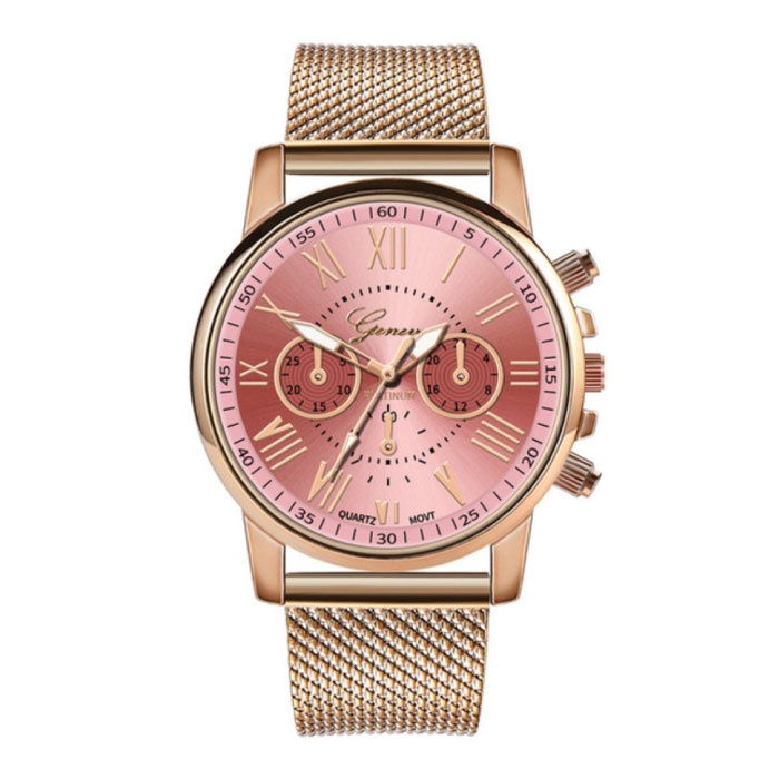 Geneva Luxury Watch for Women - Fashionable Quartz Movement Mesh Strap Pink