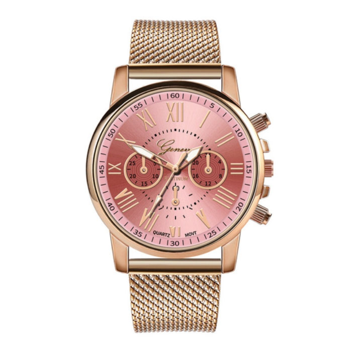 Luksusowy Zegarek dla Kobiet - Modny Mechanizm Kwarcowy Siateczkowy Pasek Różowy