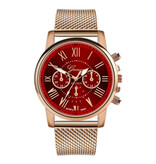 Geneva Luxusuhr für Damen – modisches Quarzwerk, Mesh-Armband, Rot