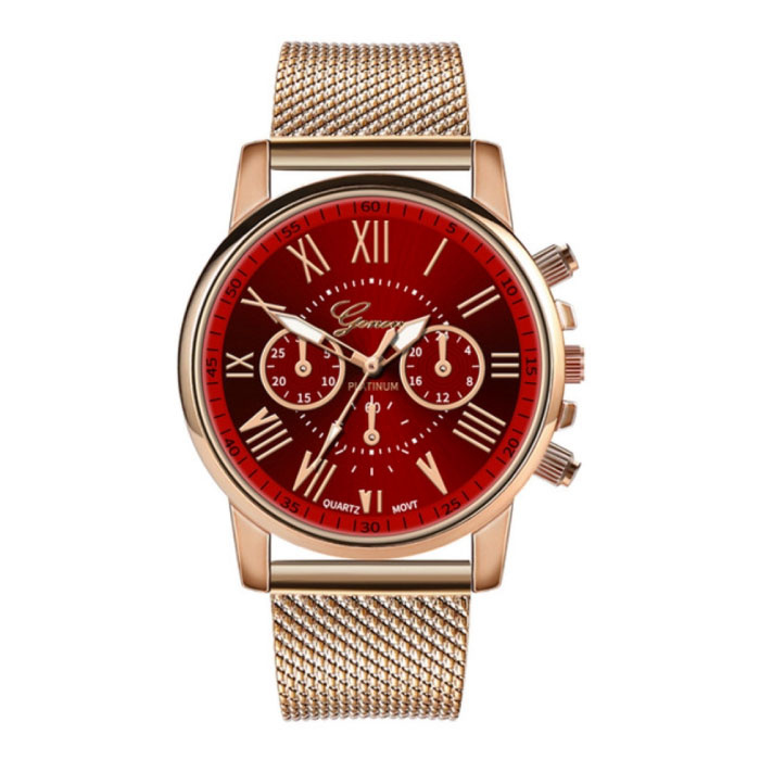 Geneva Luxusuhr für Damen – modisches Quarzwerk, Mesh-Armband, Rot