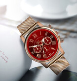 Geneva Luksusowy zegarek dla kobiet - modny kwarcowy pasek z siateczką w kolorze czerwonym