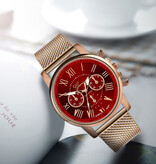 Geneva Montre de Luxe pour Femme - Mouvement à Quartz à la Mode Bracelet en Maille Rouge