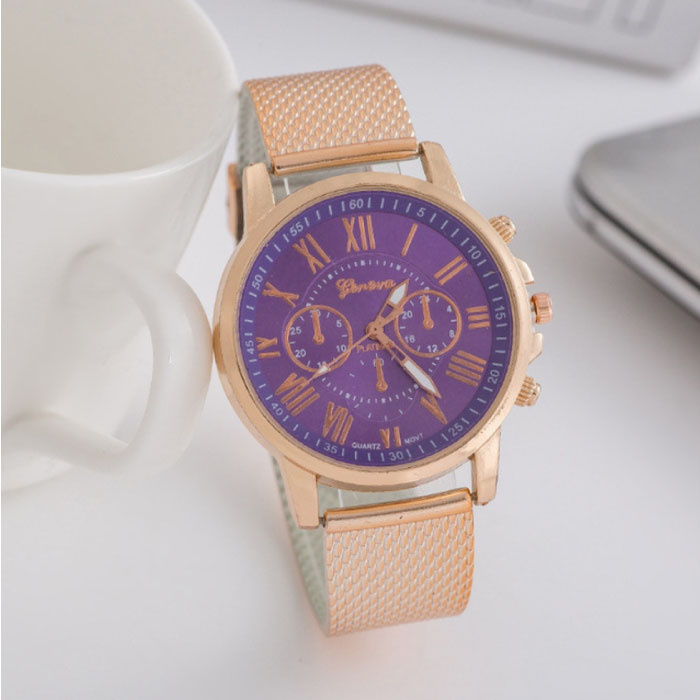 Montre de Luxe pour Femme - Mouvement à Quartz à la Mode Bracelet en Maille Violet