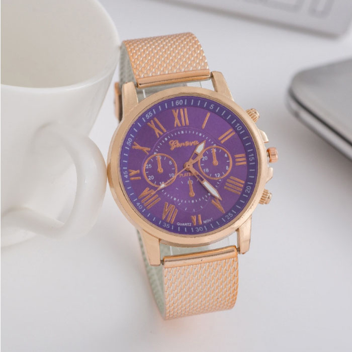 Reloj de lujo para mujer - Correa de malla con movimiento de cuarzo de moda Púrpura