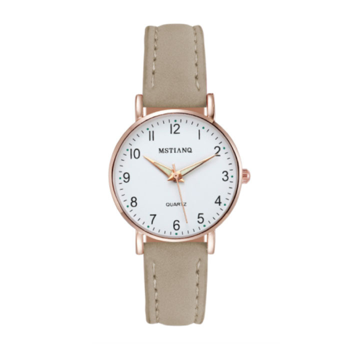 Minimalistische Uhr für Damen – modisches Quarzwerk für Damen, leuchtendes Lederarmband, Beige