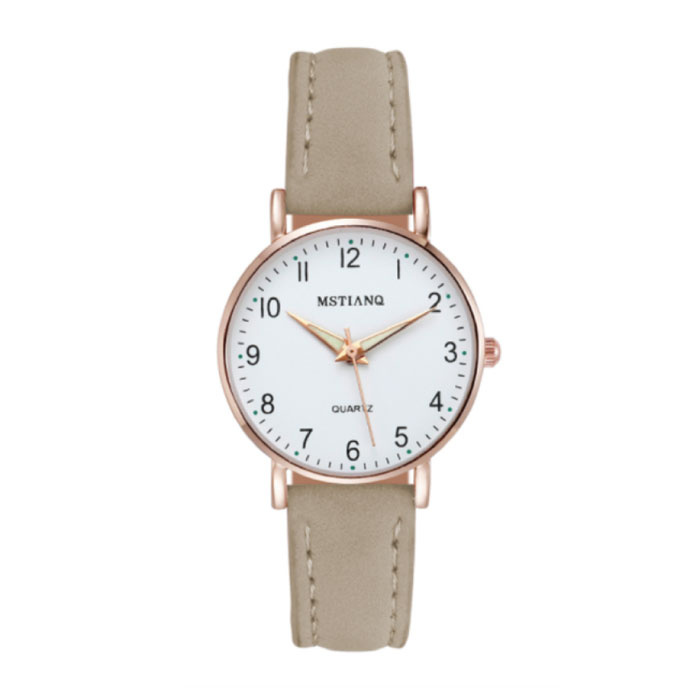 MSTIANQ Minimalistische Uhr für Damen – modisches Quarzwerk für Damen, leuchtendes Lederarmband, Beige