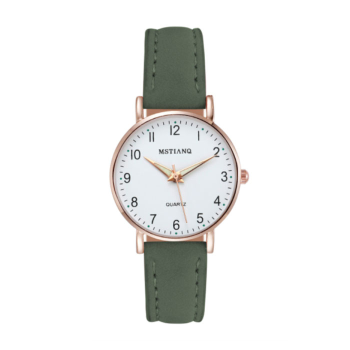 Minimalistyczny zegarek dla kobiet - modny mechanizm kwarcowy dla kobiet Świecący skórzany pasek w kolorze zielonym