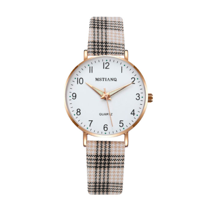 Minimalistische Uhr für Damen – modisches Quarzwerk für Damen, leuchtendes Lederarmband, Schwarz Beige