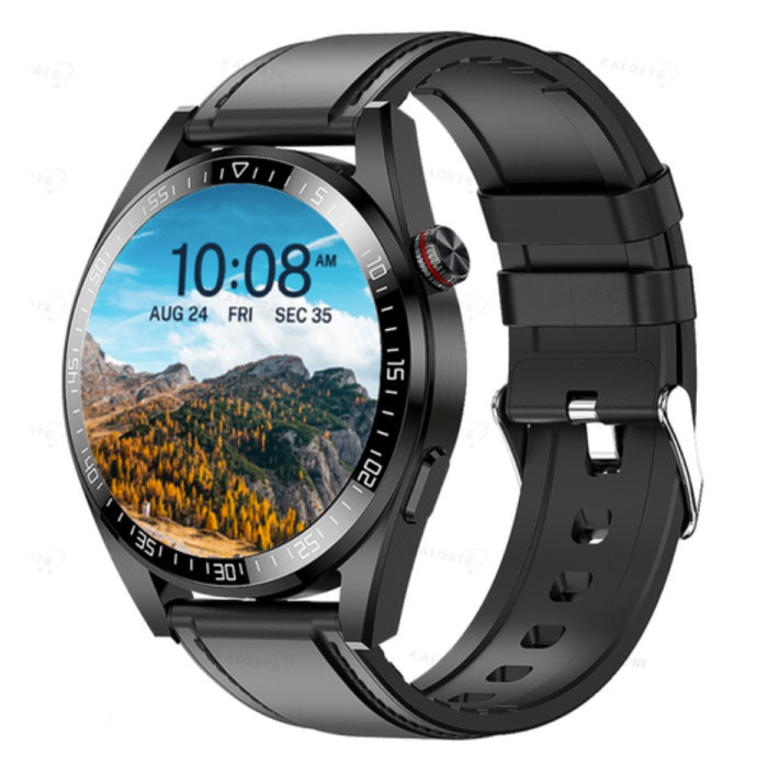 Montre Connectée avec Tensiomètre et Oxymètre - Montre Fitness Sport Activity Tracker iOS Android - Bracelet Cuir Noir