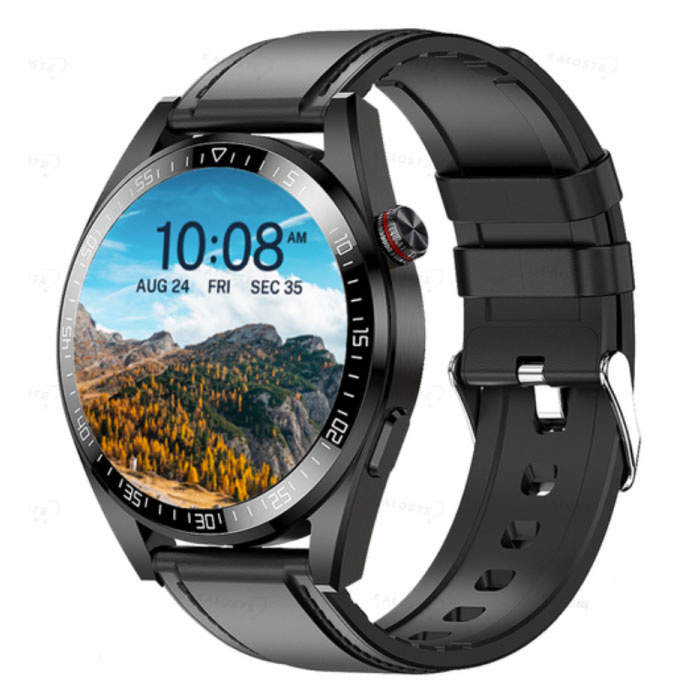 Smartwatch mit Blutdruckmessgerät und Sauerstoffmessgerät – Fitness Sport Activity Tracker Watch iOS Android – Lederarmband Schwarz