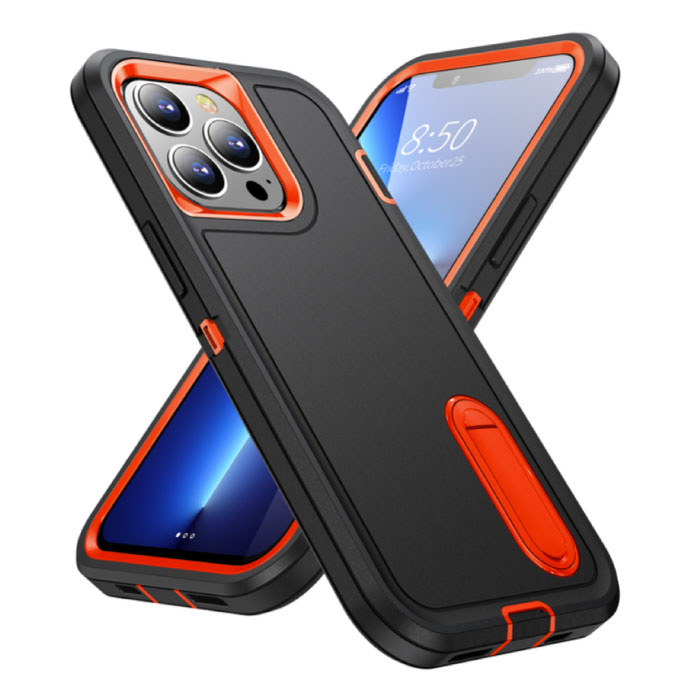 Custodia Armor per iPhone 13 Pro Max con cavalletto - Cover antiurto nera arancione