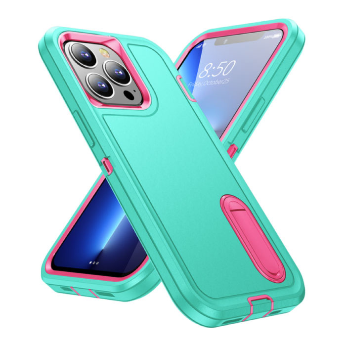 iPhone 14 Plus Armor Hoesje met Kickstand - Shockproof Cover Case Turquoise