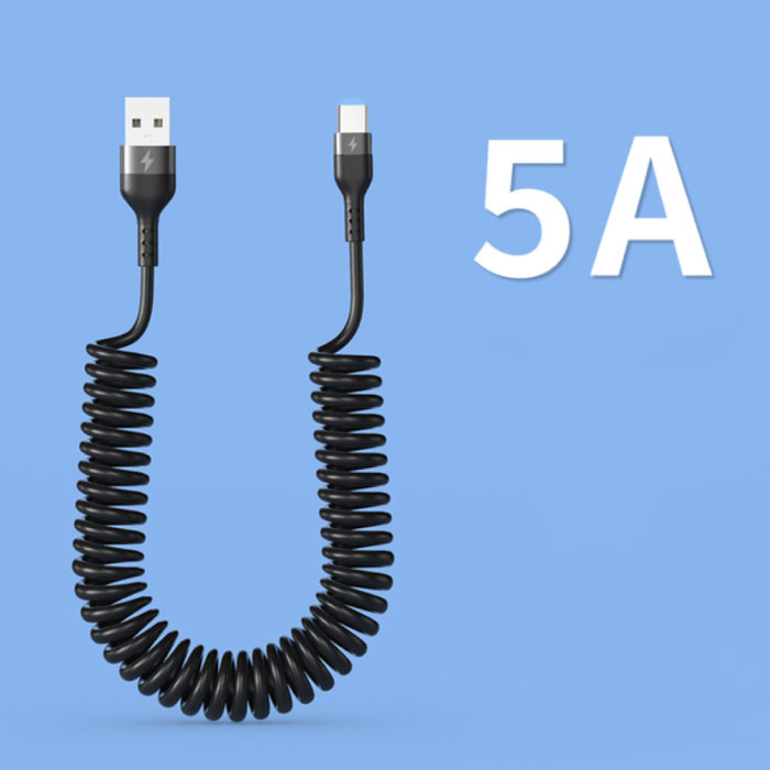 Cable de Carga en Espiral USB-C - 80 cm - Cable de Datos del Cargador Tipo C Negro