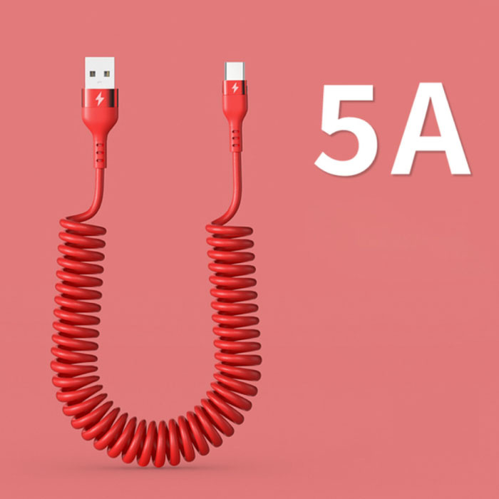 Cable de Carga en Espiral USB-C - 80 cm - Cable de Datos del Cargador Tipo C Rojo