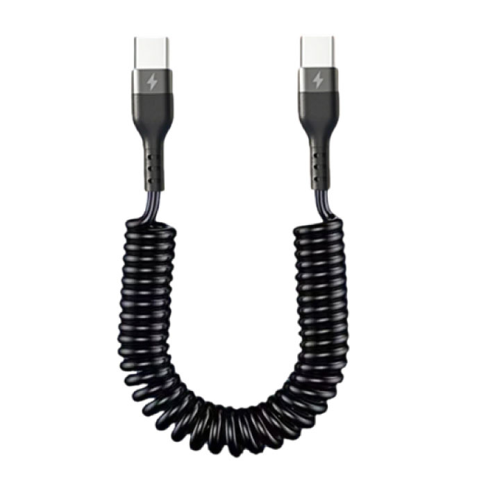 66W USB-C to USB-C Spiral Charging Cable - 1 meter - Power Delivery (PD) Type C Charger Data Cable Black