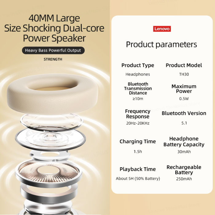 Lenovo TH30 Draadloze Koptelefoon met Microfoon - 250mAh - Bluetooth 5.1 ANC HiFi Headset Roze