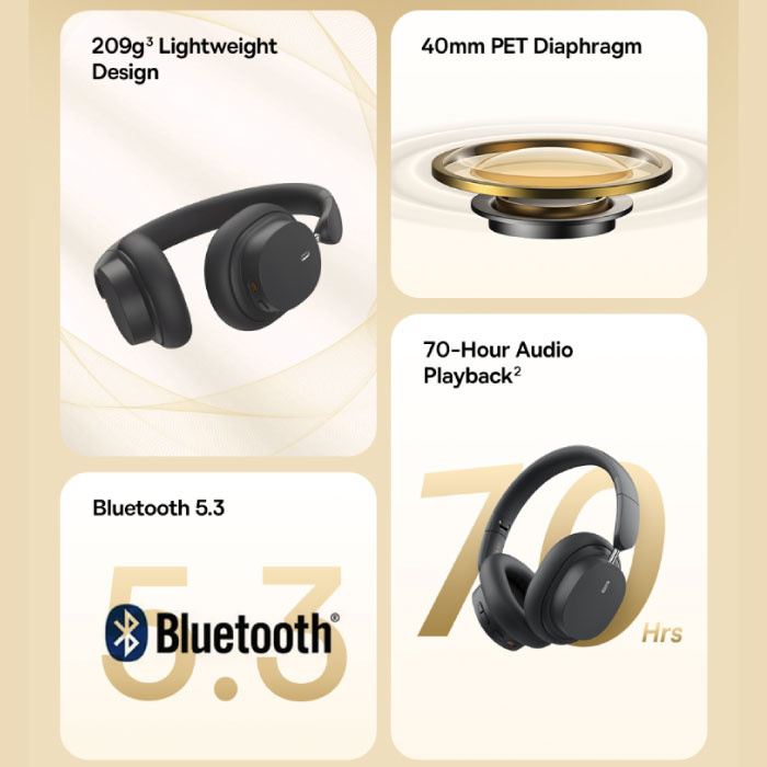 Baseus Bowie D05 Kabellose Kopfhörer – Over-Ear-HiFi-Bluetooth-5.3-Headset, Weiß