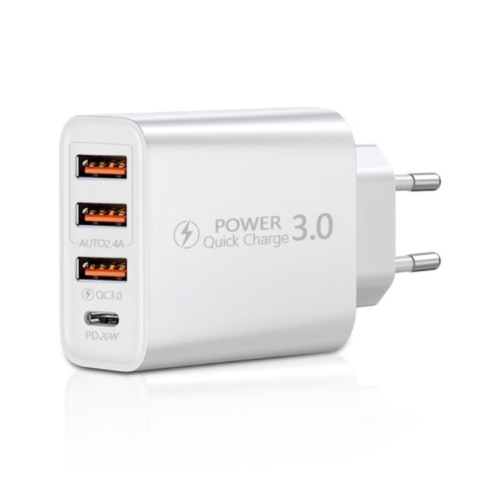 4-Poort Stekkerlader 60W - PD / Quick Charge 3.0 / USB Oplader Muur Lader Stekkerlader Adapter Wit