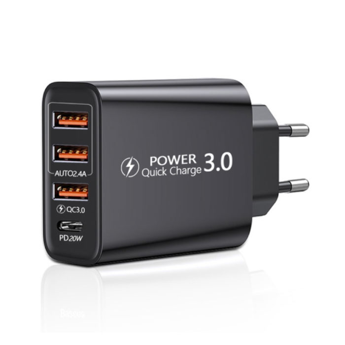 4-Port-Stecker-Ladegerät 60 W – PD / Quick Charge 3.0 / USB-Ladegerät, Wandladegerät, Stecker-Ladegerät-Adapter, Schwarz